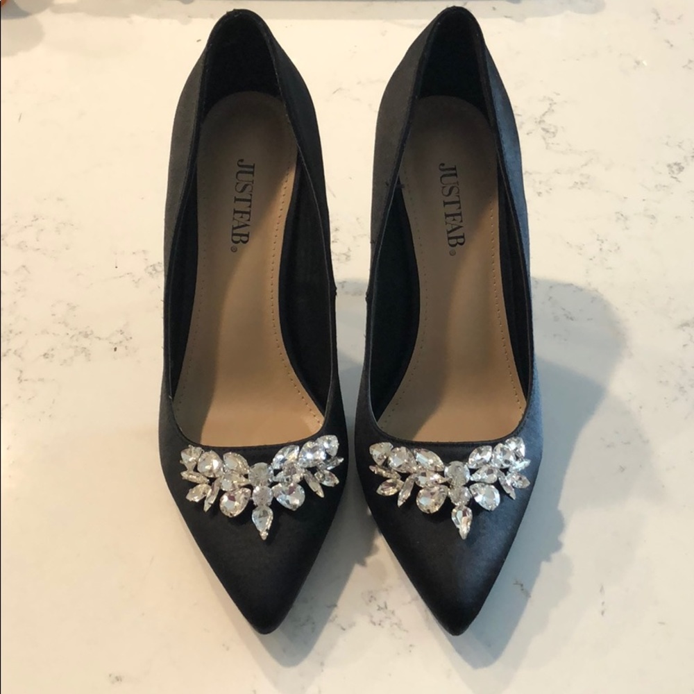 JustFab black jeweled stiletto heals.